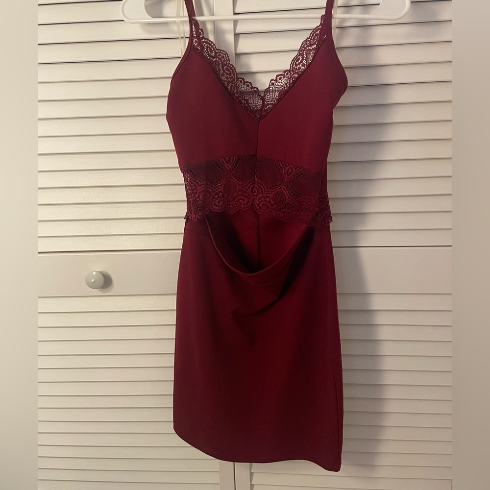 Small, burgundy red open cut out mini dress